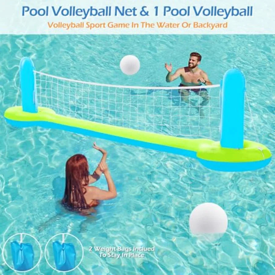 Pool Toys Games Set - 3 in 1 Pool Volleyball Net Basketball Hoop Ring Toss Game Inflatable Floats Water Floating Volleyball Swi
