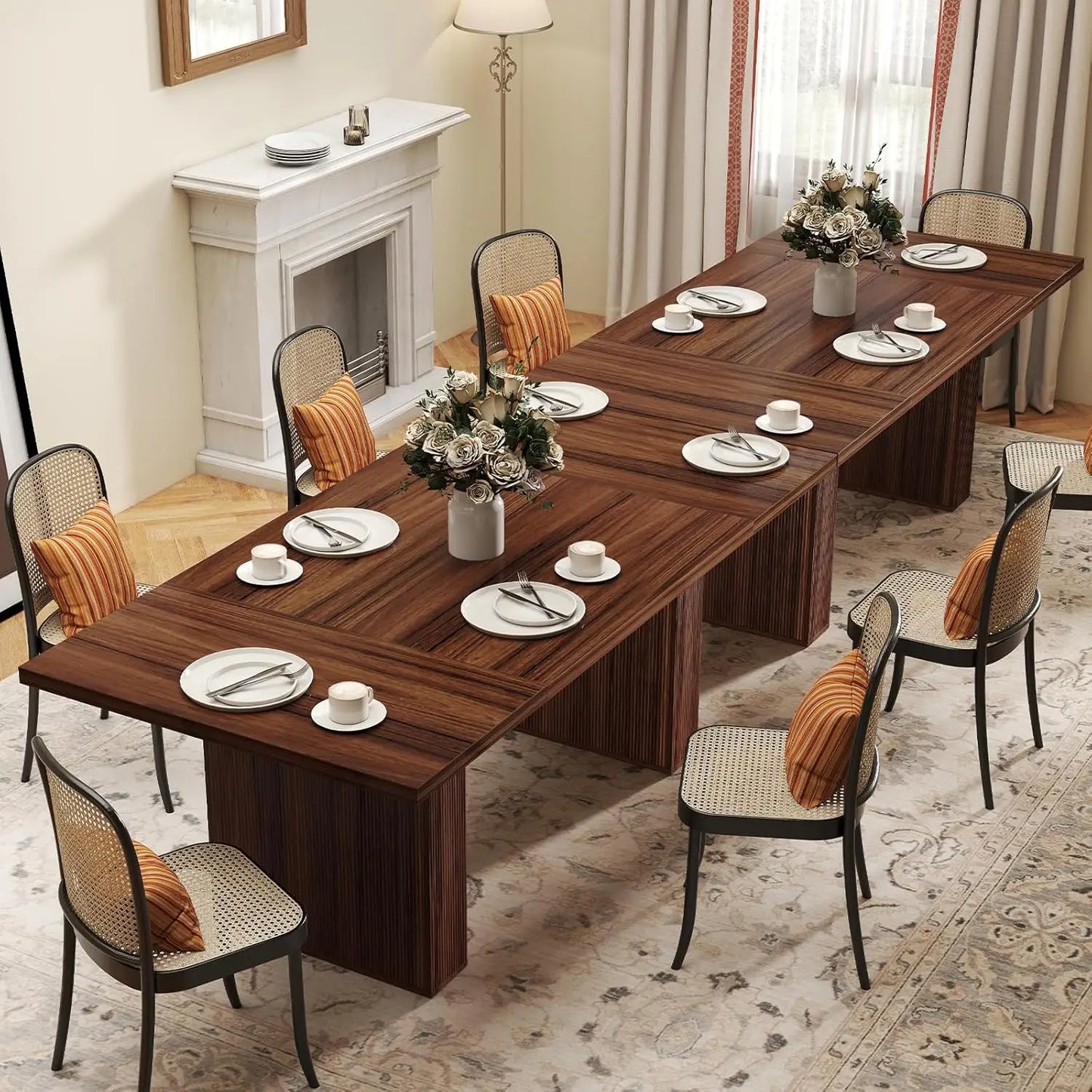 Rectangular Dining Table 78 Inch Modern Farmhouse Walnut Grooved Base