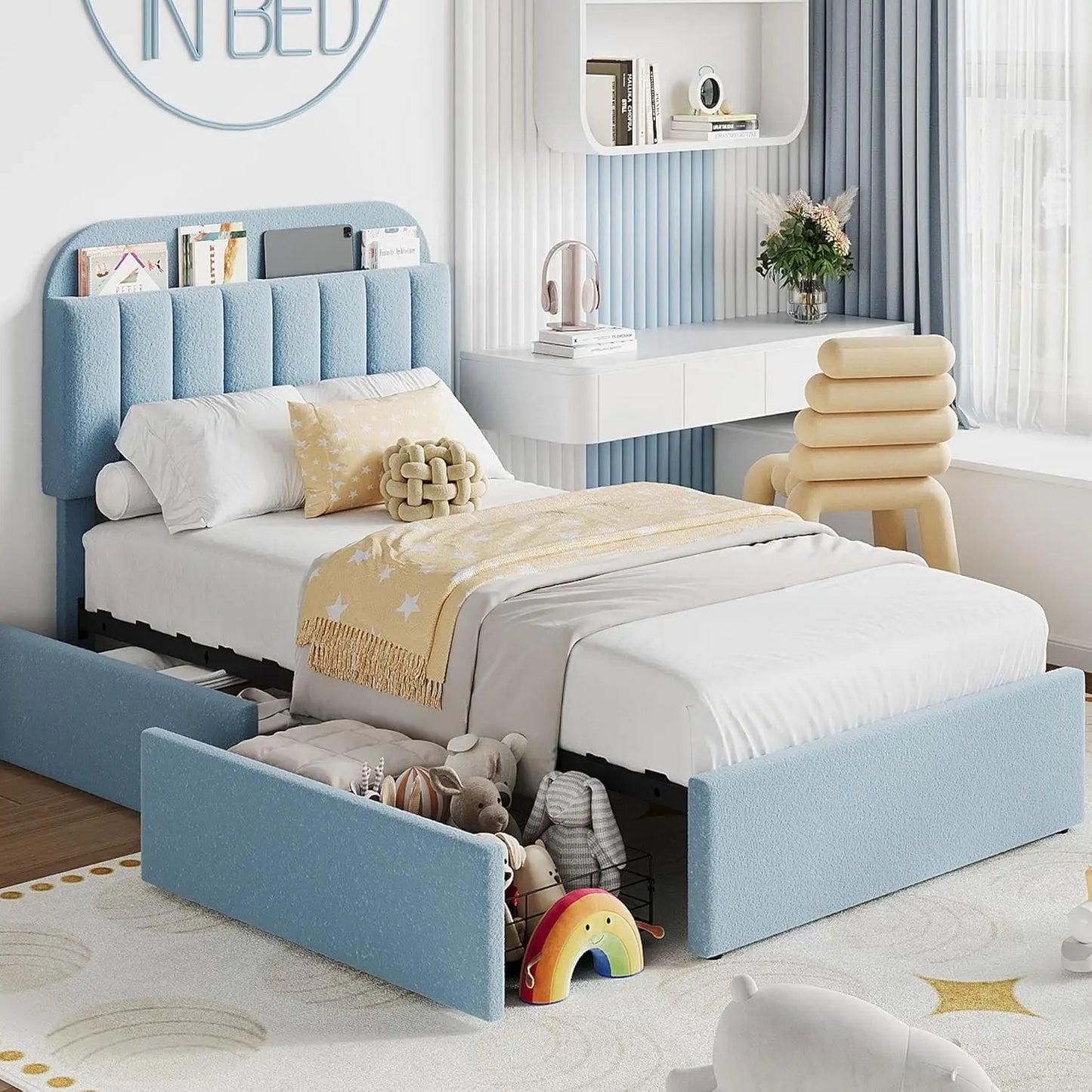 Twin Size Bed Frame with 2 Flexible Drawers, Boucle Upholstered Platform Bed Frame with Bookcase Headboard, Bedframe for Kids/Gi