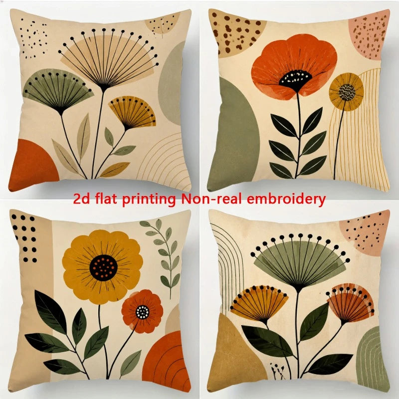 4 Pc Boho Floral Polyester Throw Pillow Cover Set