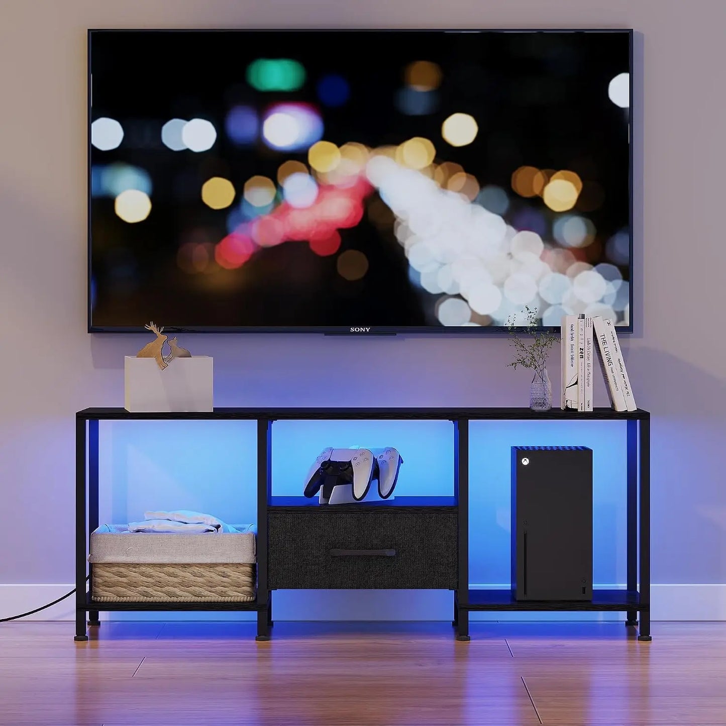 TV Stand With LED Lights And Fabric Drawer Media Console