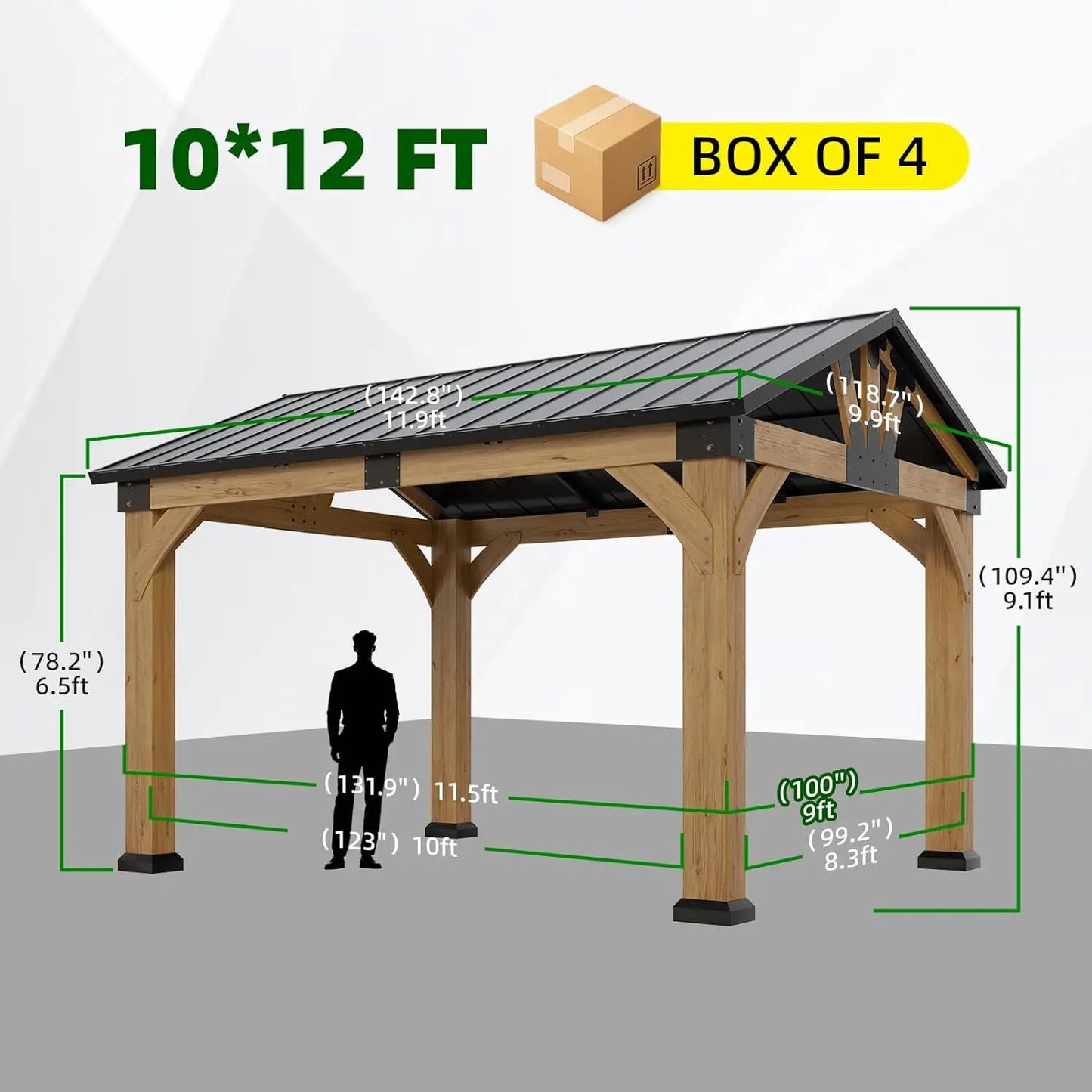 10x12ft Cedar Wood Hardtop Gazebo, Galvanized Steel Peak Roof, Snow & Wind Support for Outdoor Pavilion, Custom