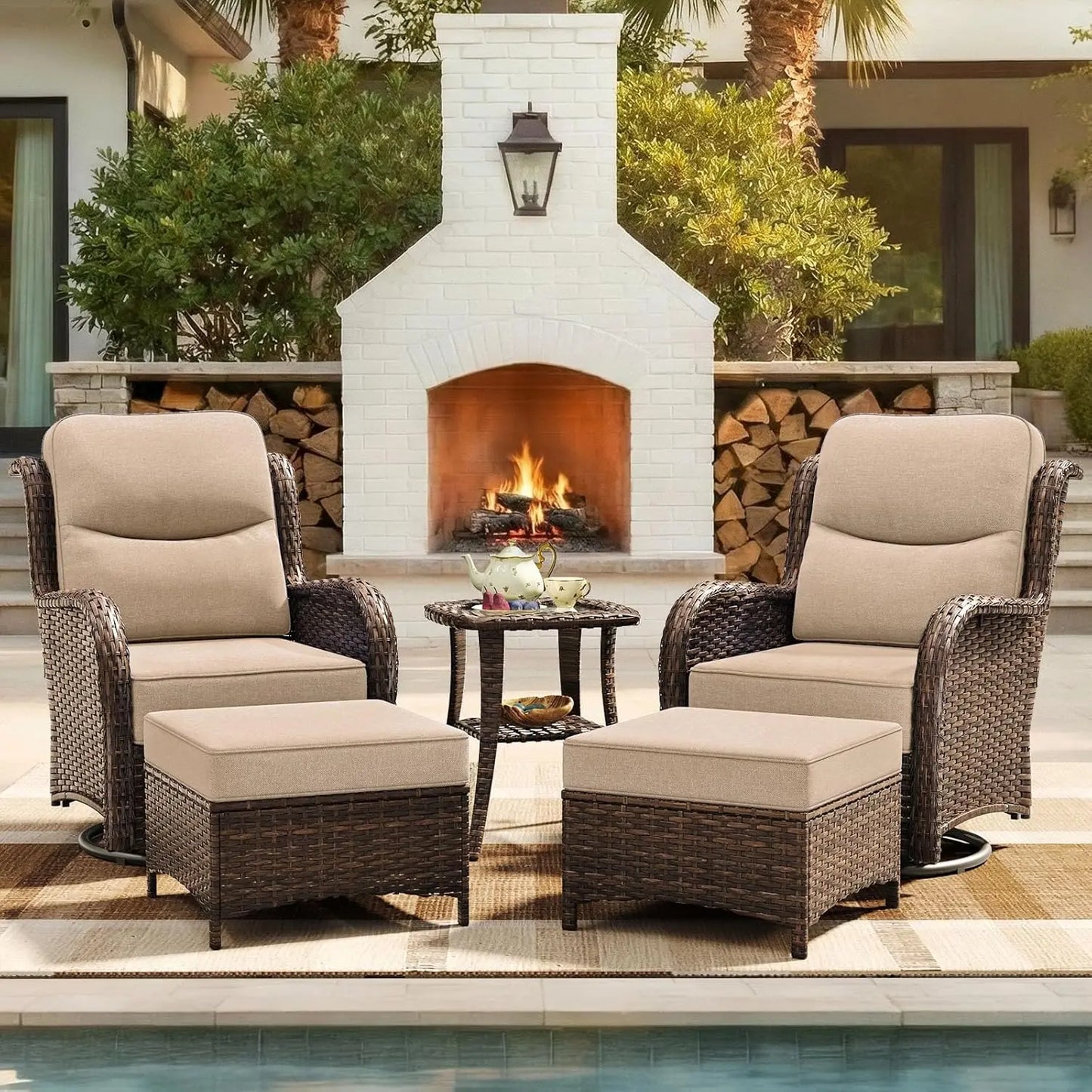 Luxury 5 Piece Wicker Patio Set With High Back Swivel Rocker Chairs