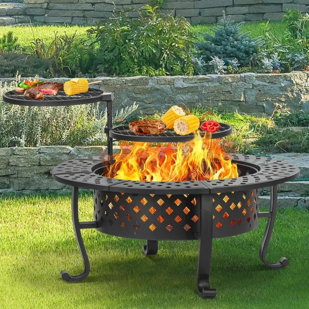 Outdoor Wood Burning Fire Pit with BBQ Grills and Lid
