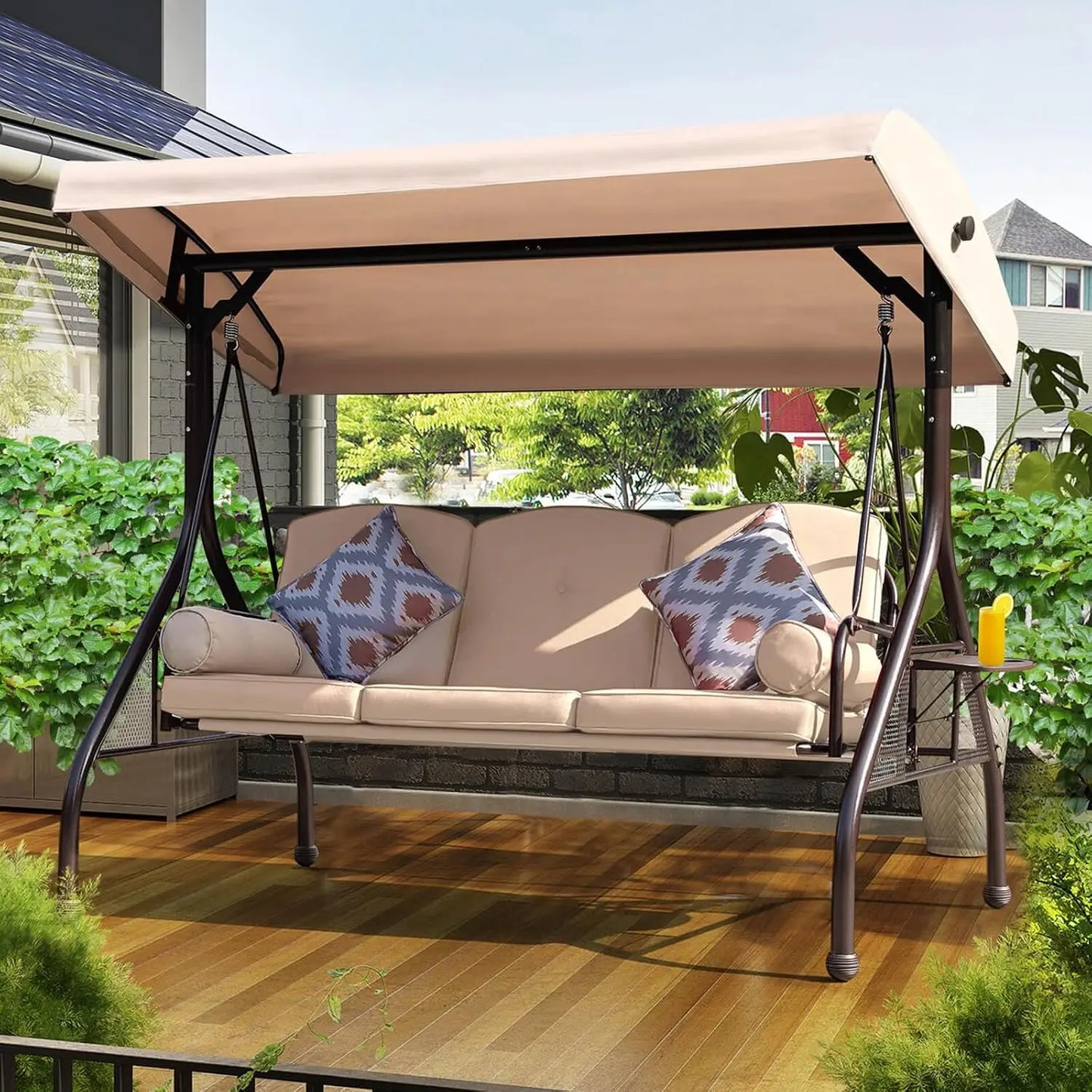Patio Porch Swing With Adjustable Canopy And Cushion