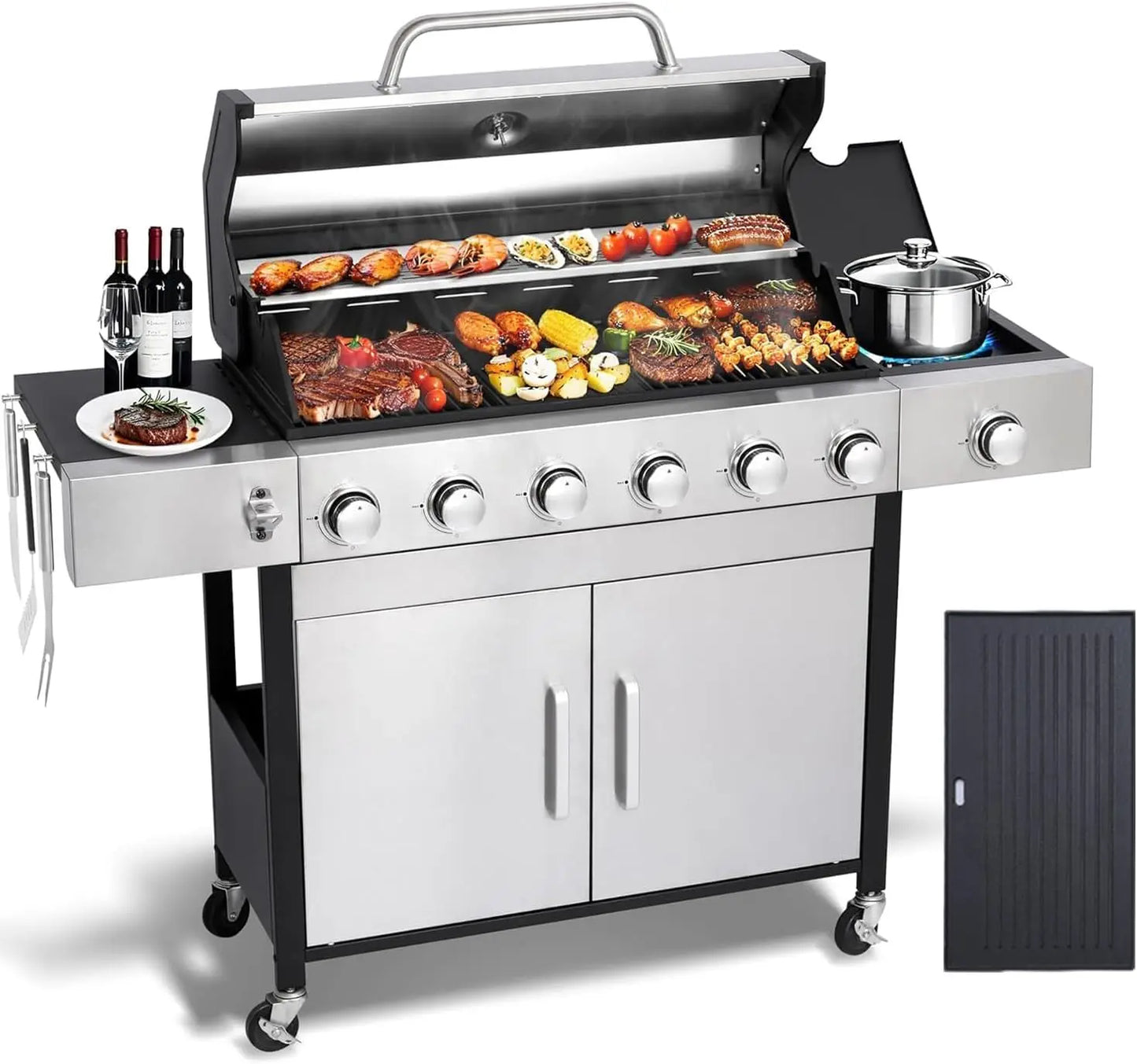 Three Burner Propane Gas Grill With Side Burner And Porcelain Cast Iron Grates