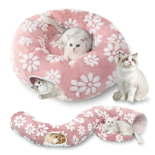 Cat Tunnel for Indoor Cats Cute Peekaboo Cat Cave with Dangling Balls Pet Donut Tunnel Bed with Circle Mat for Puppy Kitten Rab