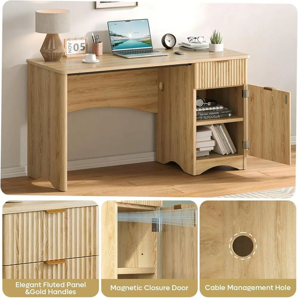 L Shaped Luted Computer Desk With Storage Cabinet Natural Oak