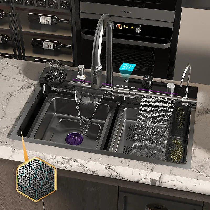 Telisiya Waterfall Kitchen Sink Stainless Steel Single Slot Digital Display
