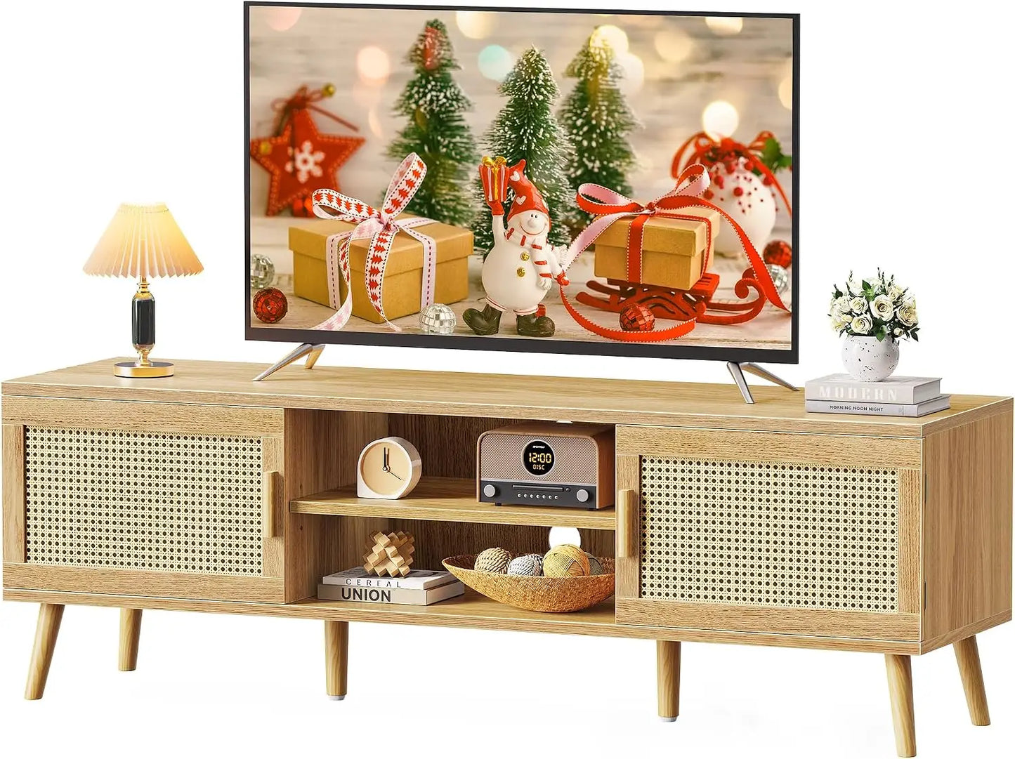 Boho TV Stand Rattan Console With Adjustable Shelves 2 Cabinets