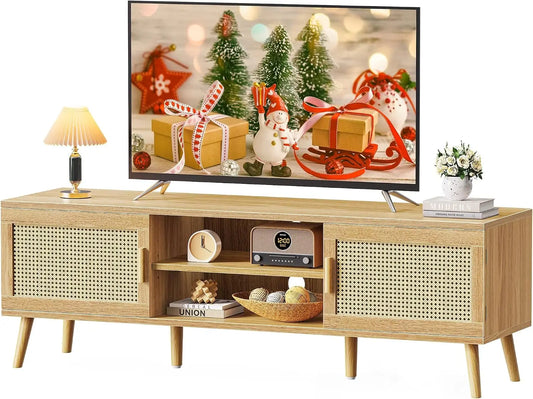 Boho TV Stand Rattan Console With Adjustable Shelves 2 Cabinets