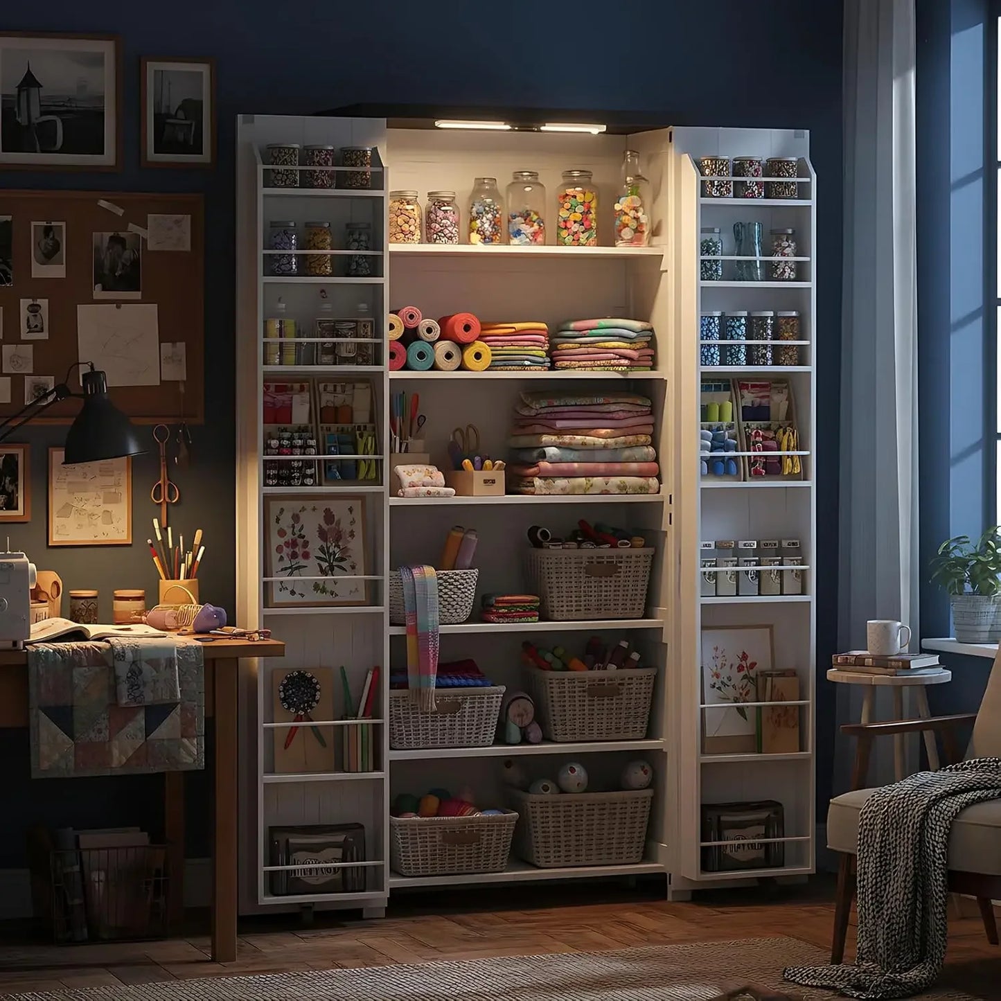 Craft Storage Cabinet With LED Lights Sewing Organizer For Office