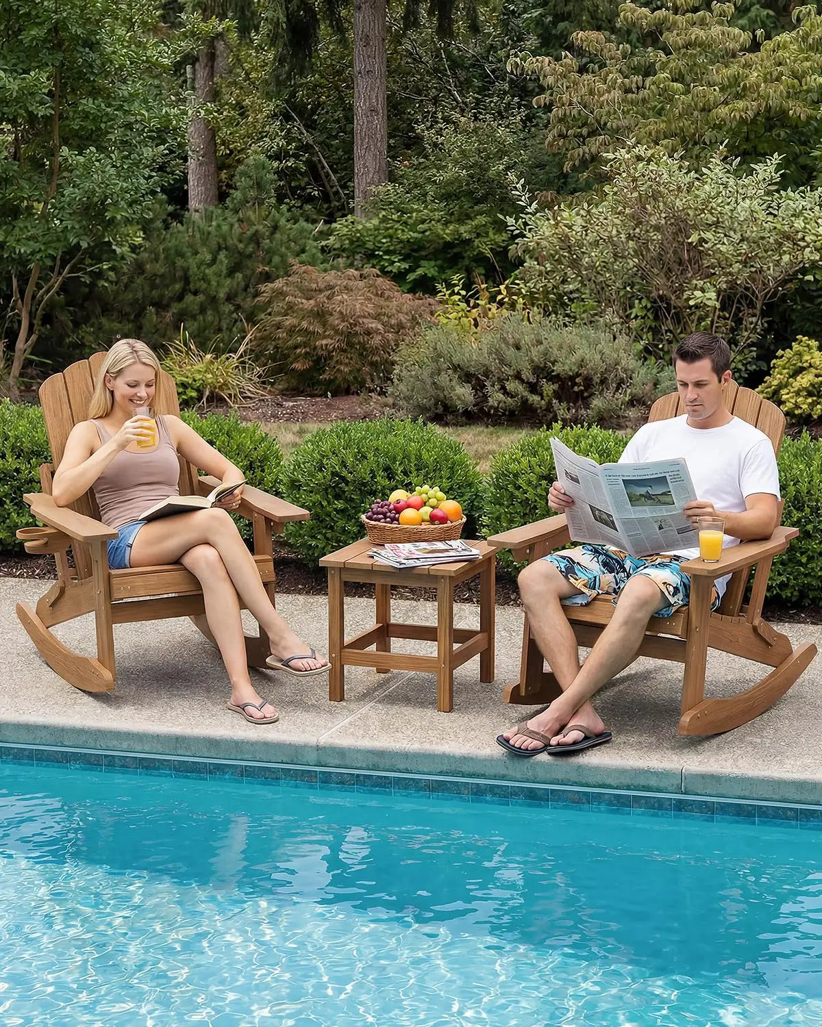 Folding Adirondack Rocking Chair with Retractable Ottoman & Cup Holder Patio Porch Lawn Outdoor Brown Set of 4, Custom