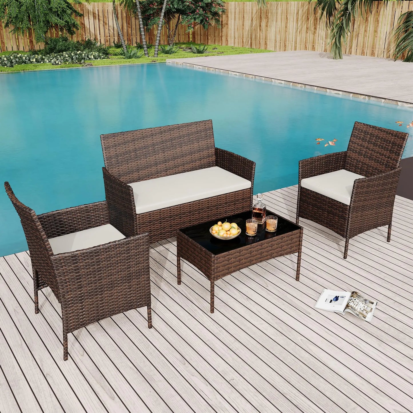 HiMISS 4 Piece Rattan Patio Bistro Furniture Set With Cushioned Sofa