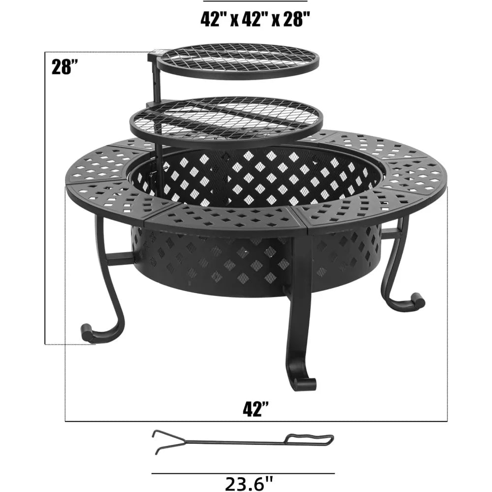 Outdoor Wood Burning Fire Pit with BBQ Grills and Lid