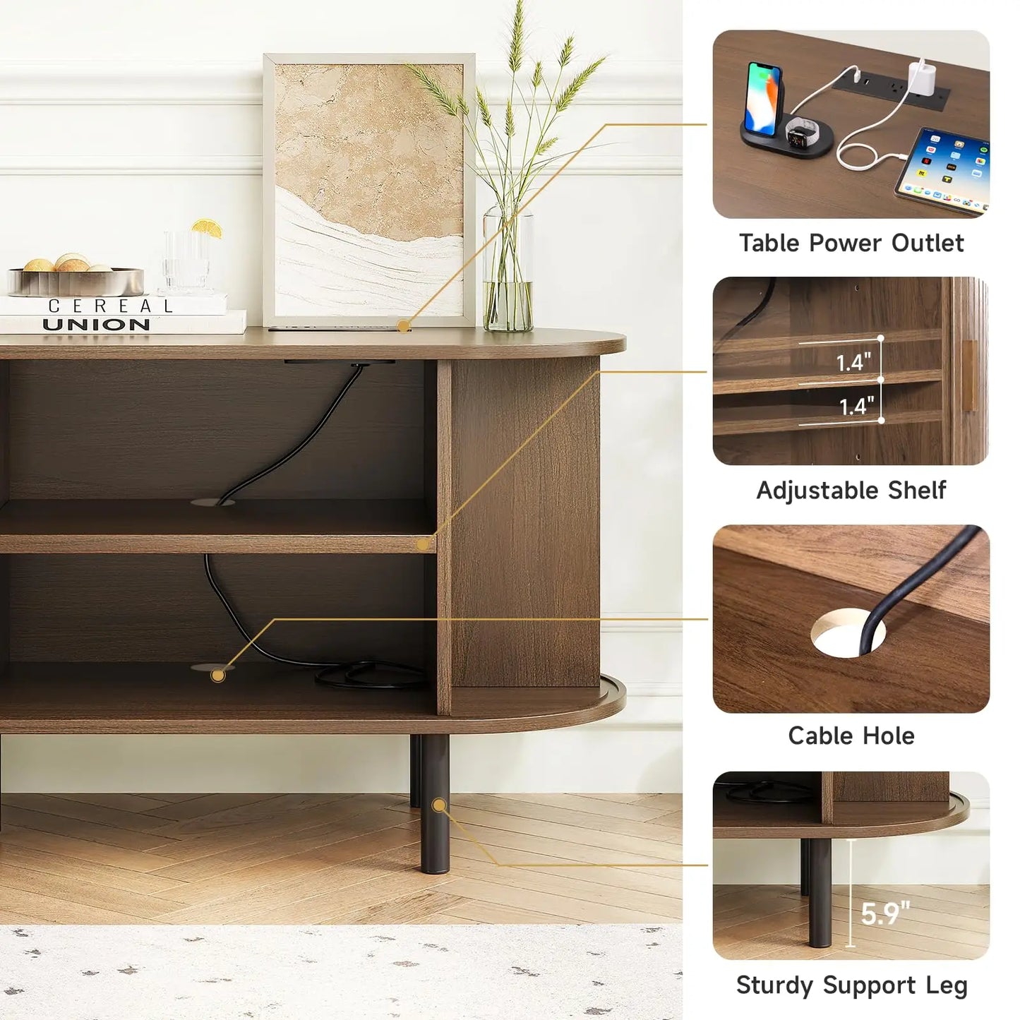 ONBRILL TV Stand with Power Outlet Sliding Doors and Shelves