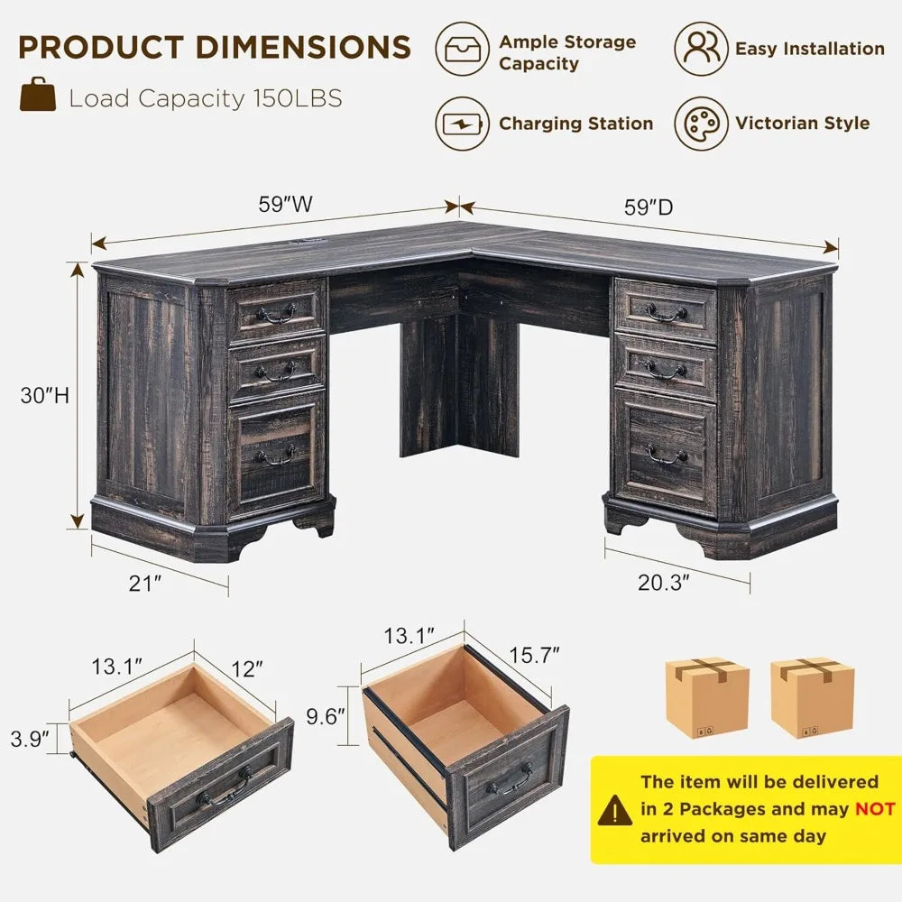 Executive Desk With Drawers Farmhouse Wood Computer Desk