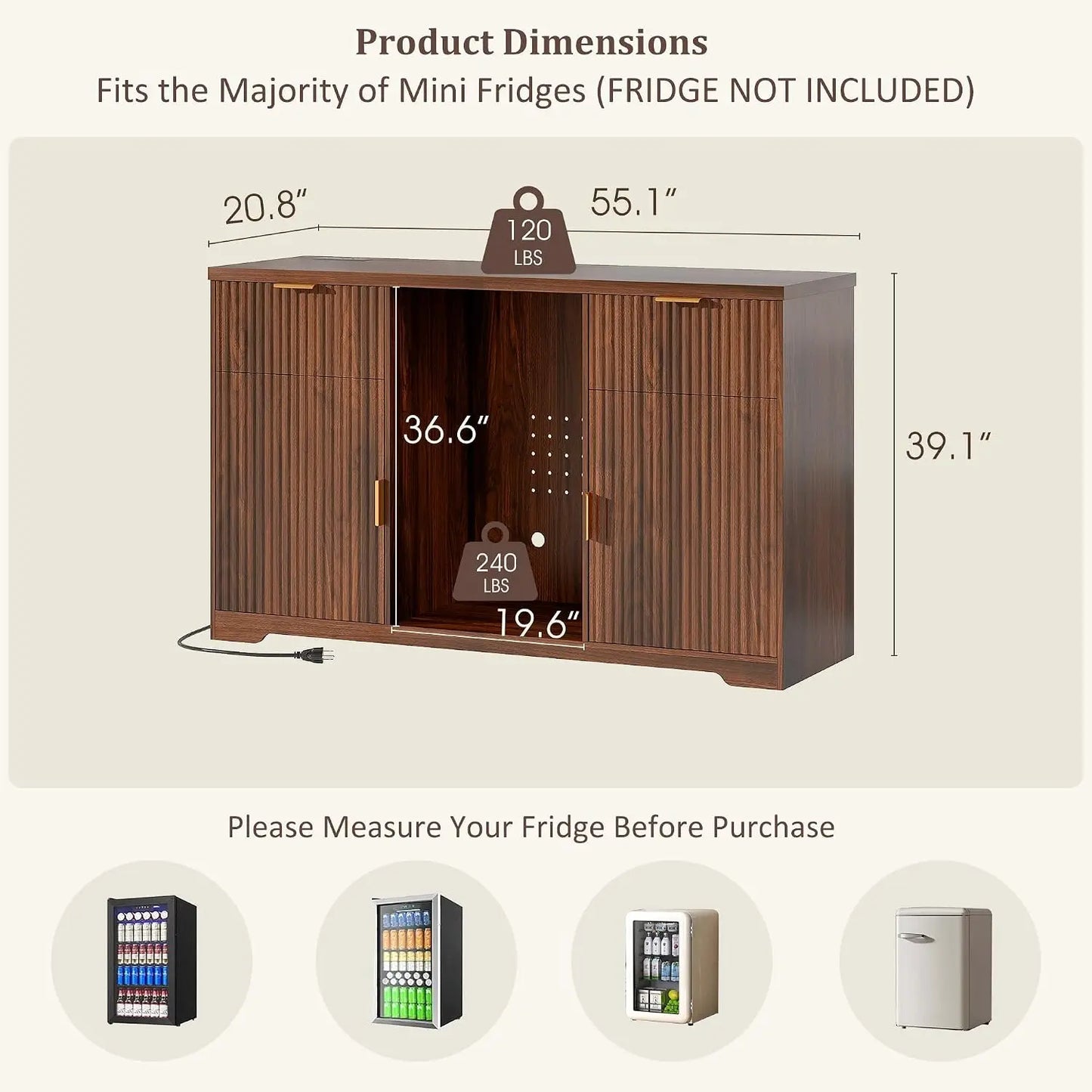 Wooden Coffee Bar Cabinet With Fridge Space And Charging Station
