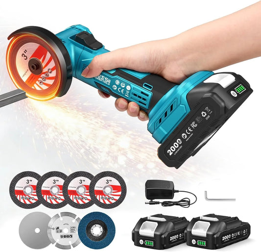 SEESII Cordless Mini Angle Grinder 3 Inch Brushless Angle Grinder 19000 RPM with 2pcs 21V 2.0Ah Batteries, 7pcs Cutting Discs 210W Power Electric Grinder Tool for Metal Wood Polishing Rust Removal