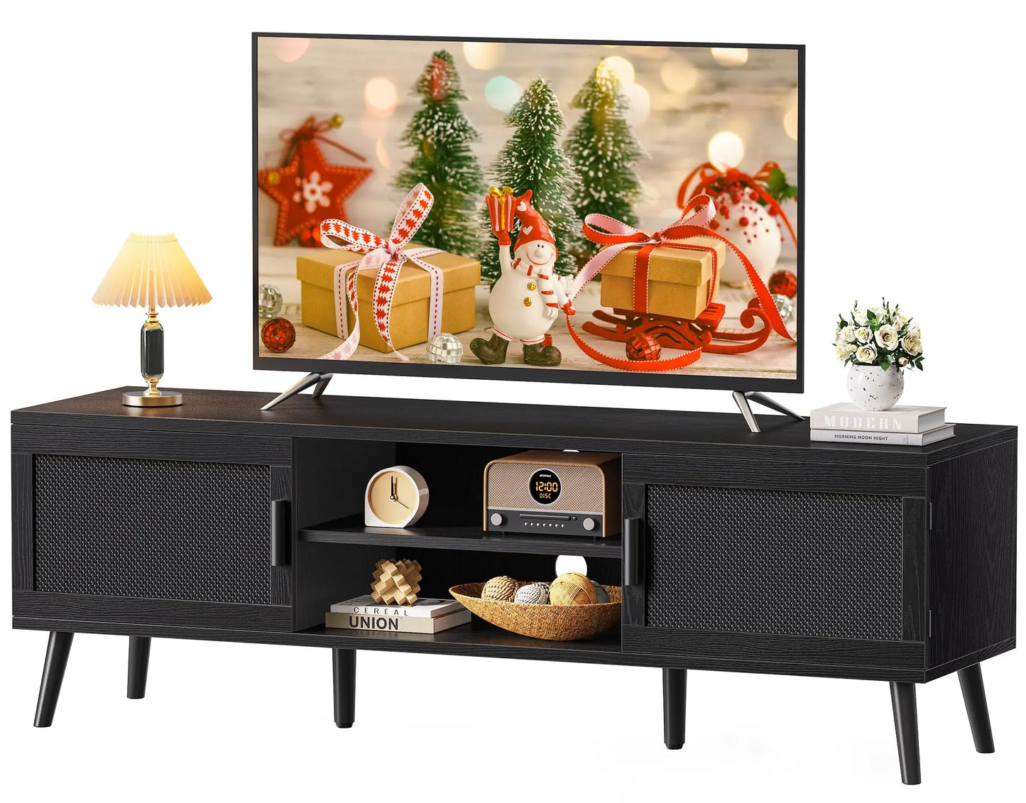 Boho TV Stand Rattan Console With Adjustable Shelves 2 Cabinets