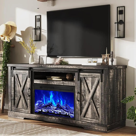 Farmhouse Fireplace TV Stand With Sliding Barn Door And Storage