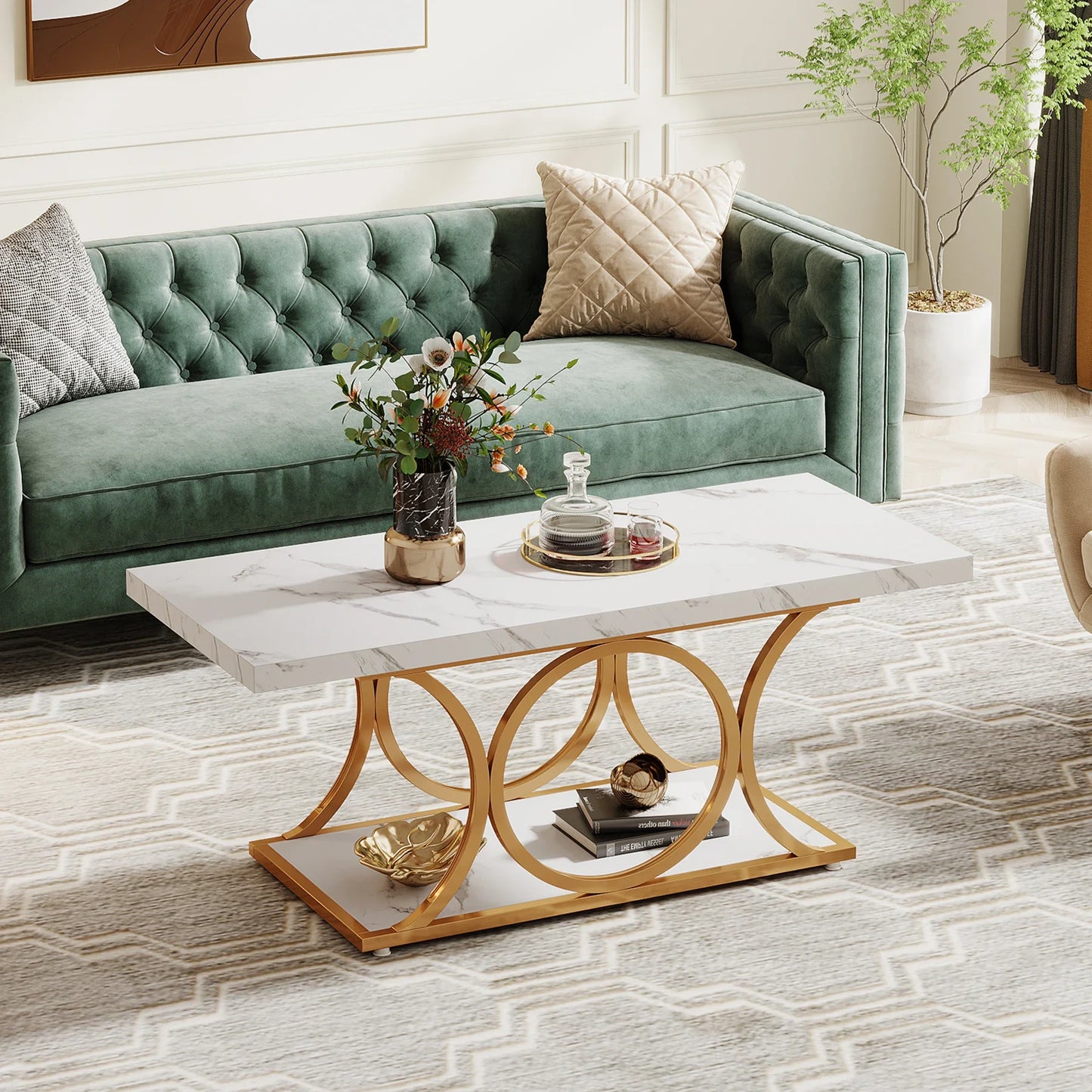 Tribesigns Rectangle Coffee Table Modern Faux Marble Wood