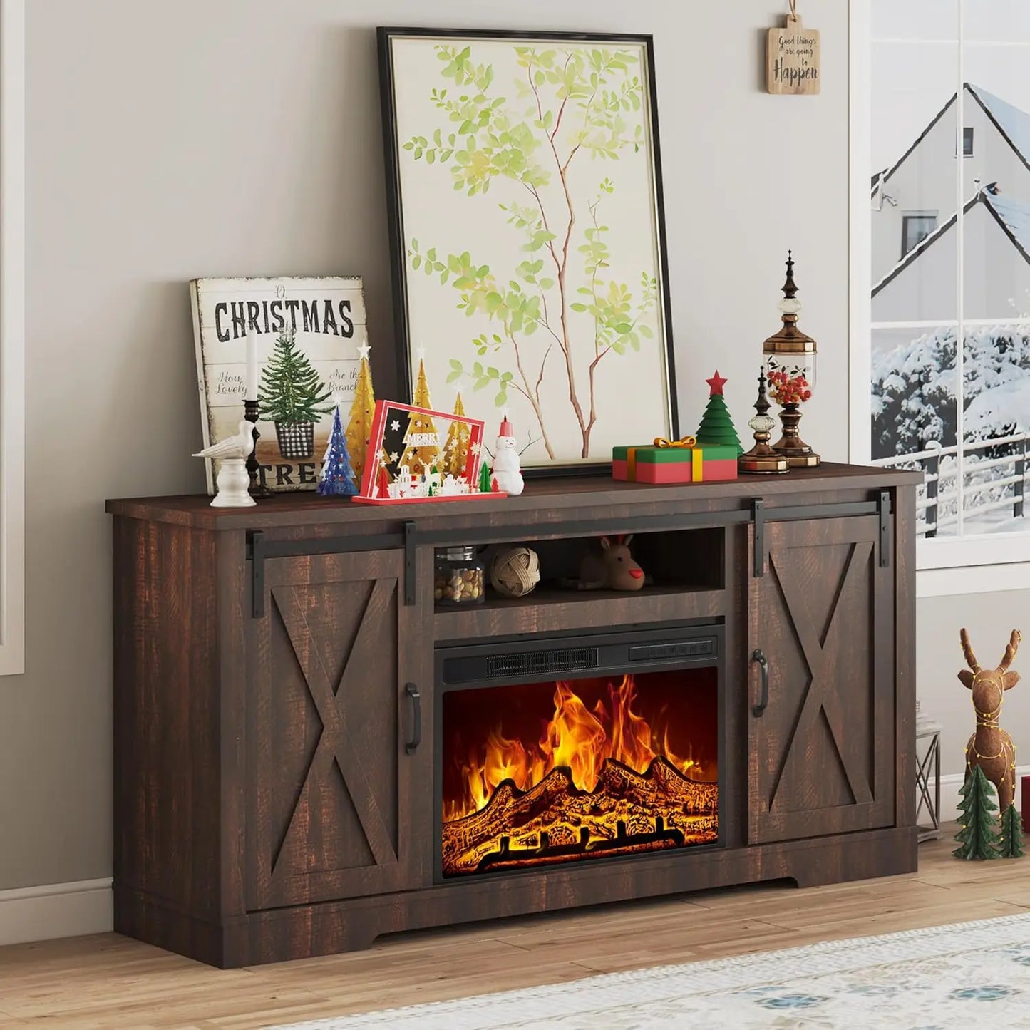 Farmhouse Fireplace TV Stand With Sliding Barn Door And Storage