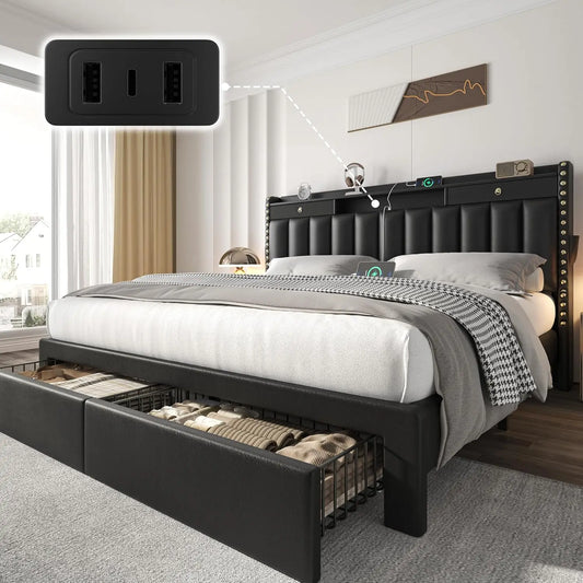 MOYU Velvet Upholstered Platform Bed Frame With Headboard And Drawers