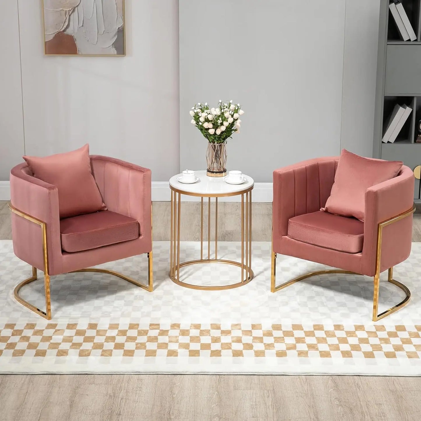Velvet Accent Chair Set of 2 Mid Century Upholstered Barrel Armchairs