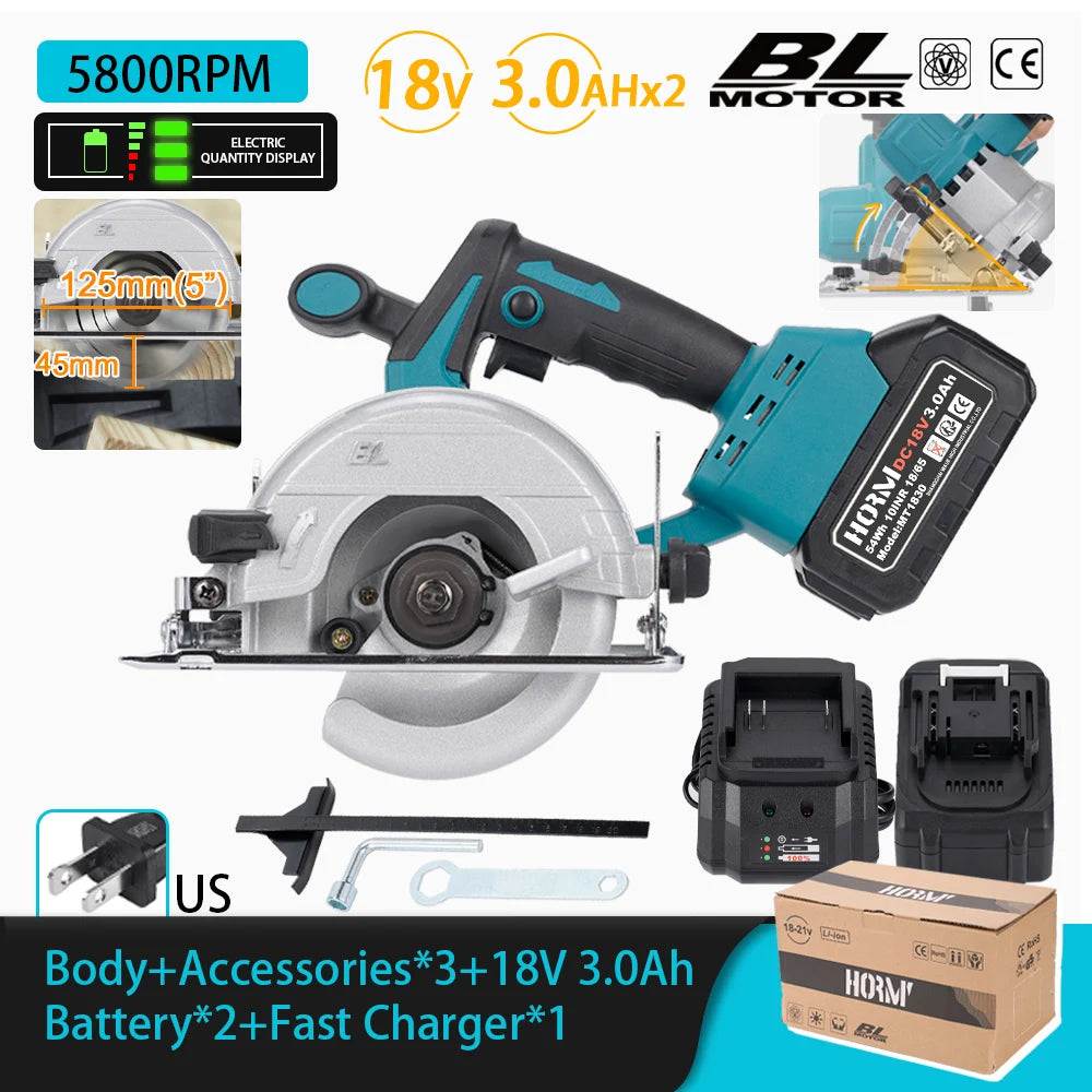 Brushless Electric Circular Saw 5 Inch 125mm Cordless Woodworking Cutting Power Tool   For Makita 18V Battery