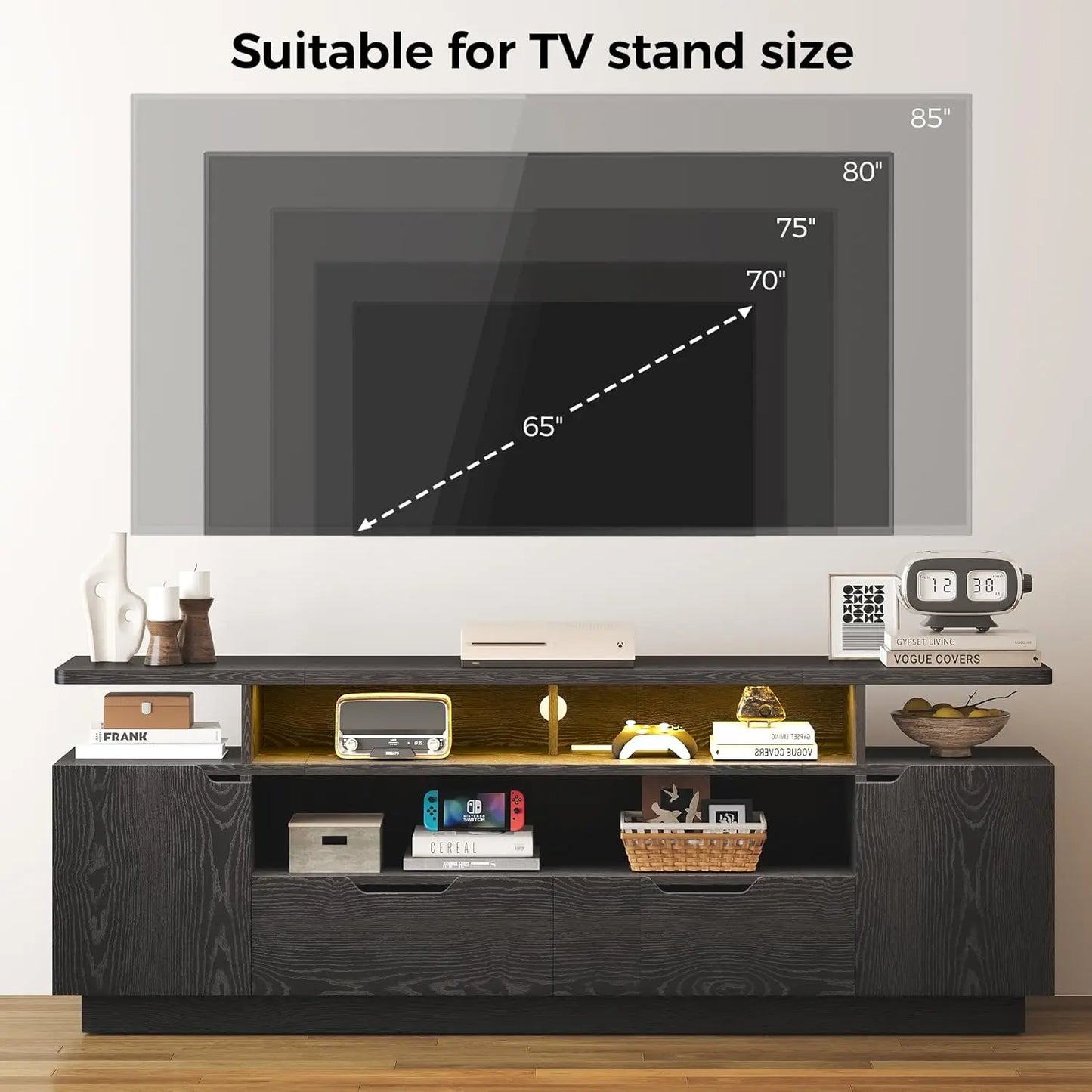 IRONCK TV Stand With Power Outlet And LED Lights Cabinets