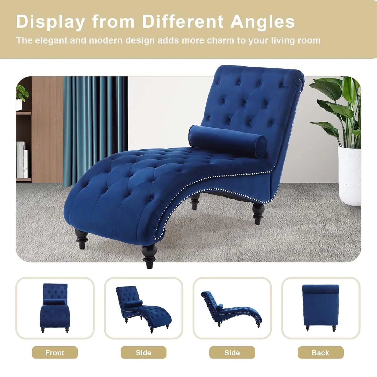 Velvet Chaise Lounge Chair Tufted Upholstered With Pillow Living Room