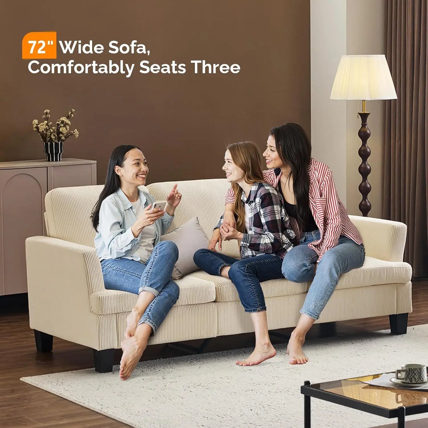 Beige 83" Sofa Couches for Living Room, Corduroy Modern Comfy 3 Seater Couch 25.6" Deep Seat Upholstery Cozy Sofas, Customized