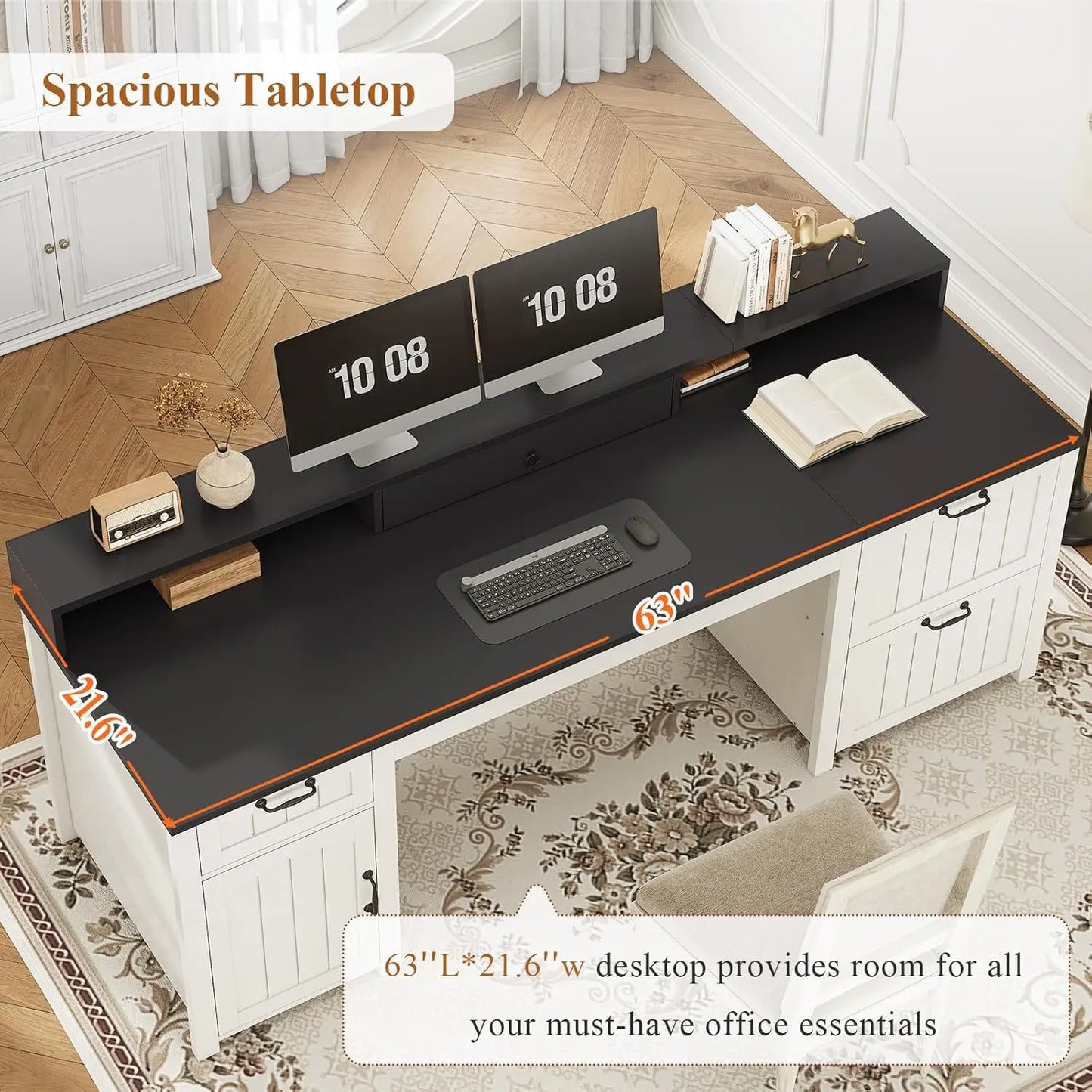 Farmhouse 63 Inch Executive Computer Desk With Drawers
