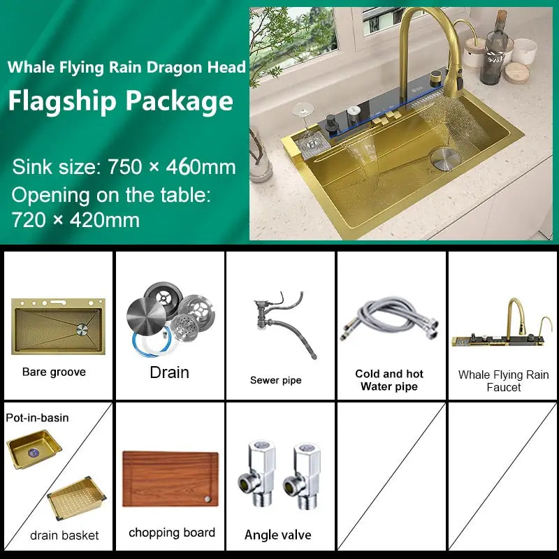 Telisiya Waterfall Kitchen Sink Stainless Steel Single Slot Digital Display