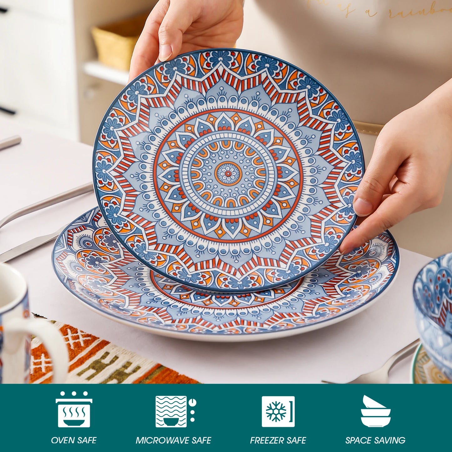 MALACASA Ceramic Dinnerware Set Bohemian Mandala Pattern