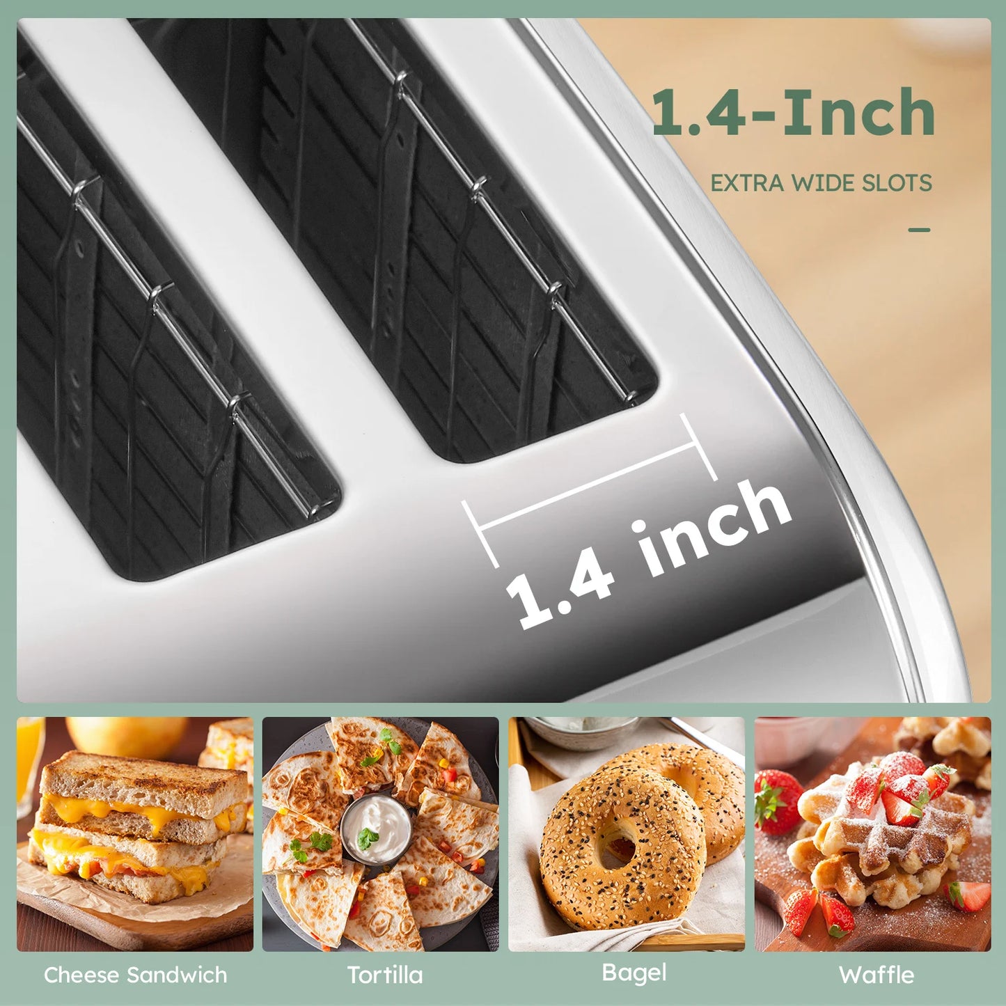 Stainless Steel Toaster With Wide Slots And Removable Crumb Tray