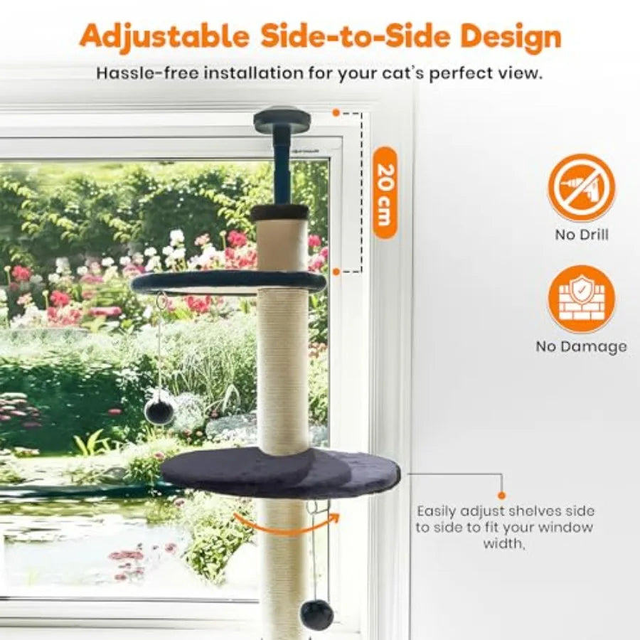 Adjustable Window Cat Tree for Indoor Cats Sturdy Window Sill Extender Seat in Brown Beige Large Cat Tower with Perch Shelf 104