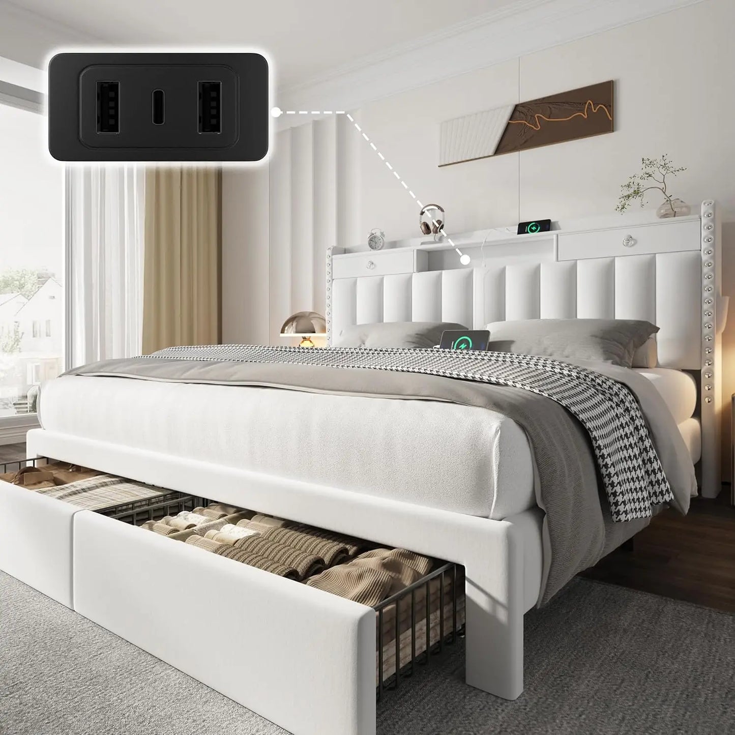 MOYU Velvet Upholstered Platform Bed Frame With Headboard And Drawers