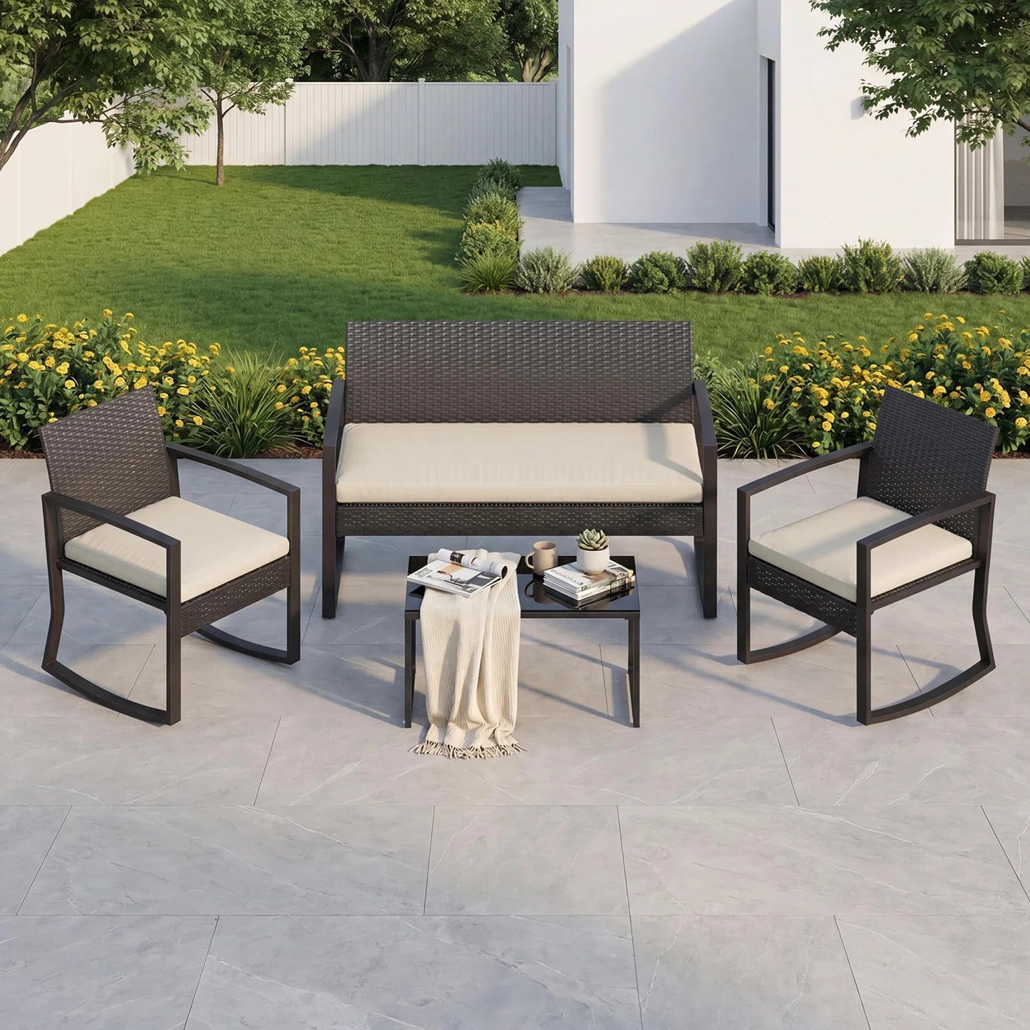 HobbyLane Outdoor 4 Piece PE Wicker Patio Rocking Furniture Set
