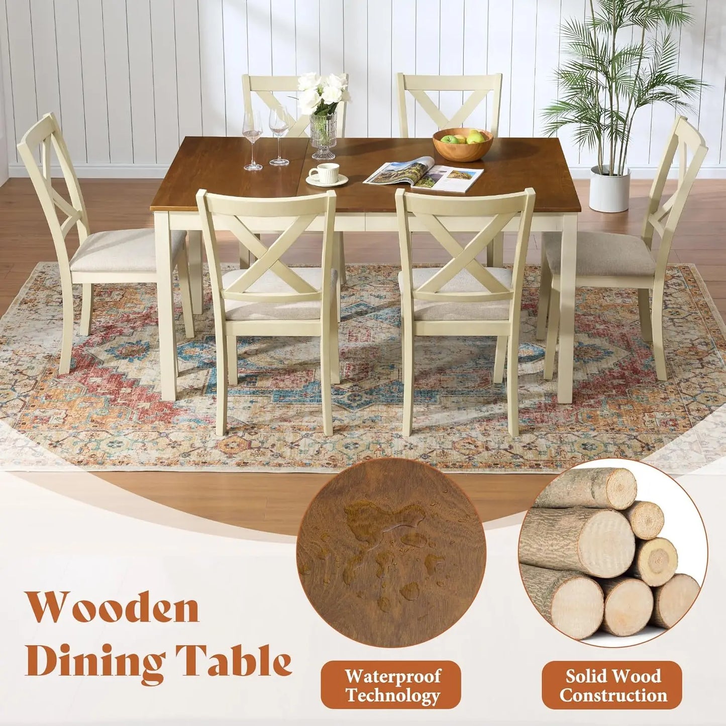 Solid Wood Dining Table Set With Upholstered Chairs