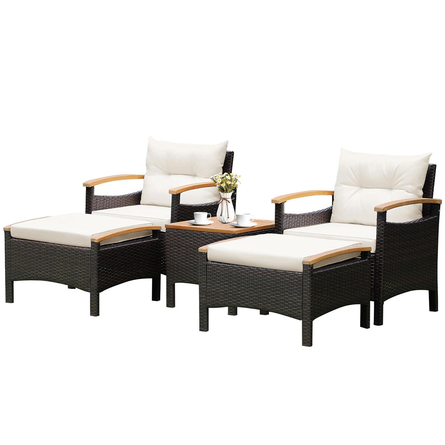 HOMASIS 5-Piece Patio Rattan Sofa Set With Wood-Top Table Cushions