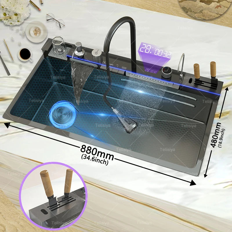 Telisiya Waterfall Kitchen Sink Stainless Steel Single Slot Digital Display