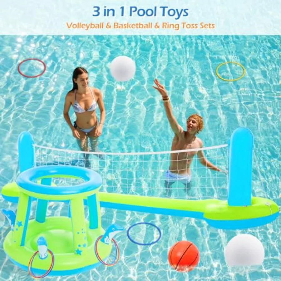 Pool Toys Games Set - 3 in 1 Pool Volleyball Net Basketball Hoop Ring Toss Game Inflatable Floats Water Floating Volleyball Swi