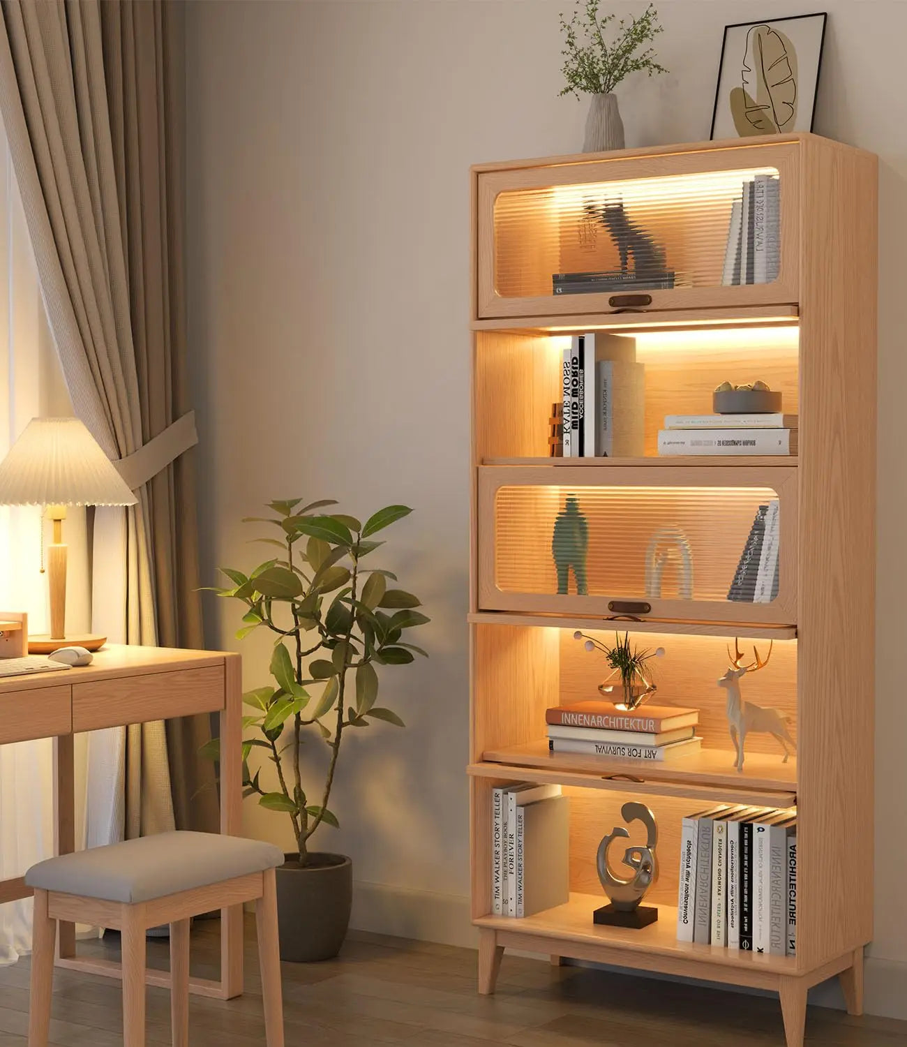 5 Tier Solid Wood Bookcase With Tempered Glass Doors