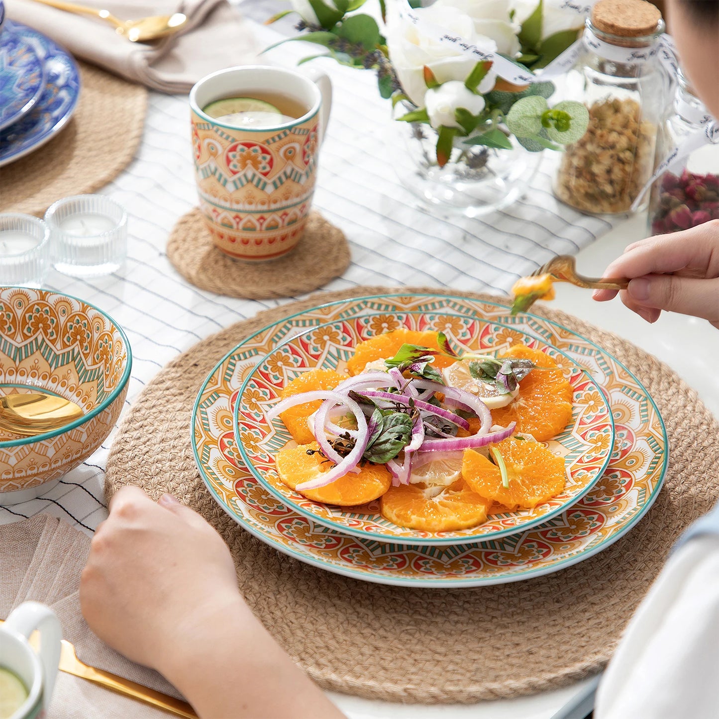 MALACASA Ceramic Dinnerware Set Bohemian Mandala Pattern