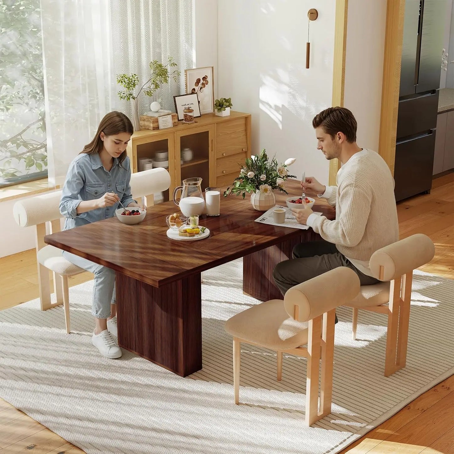 Rectangular Dining Table 78 Inch Modern Farmhouse Walnut Grooved Base