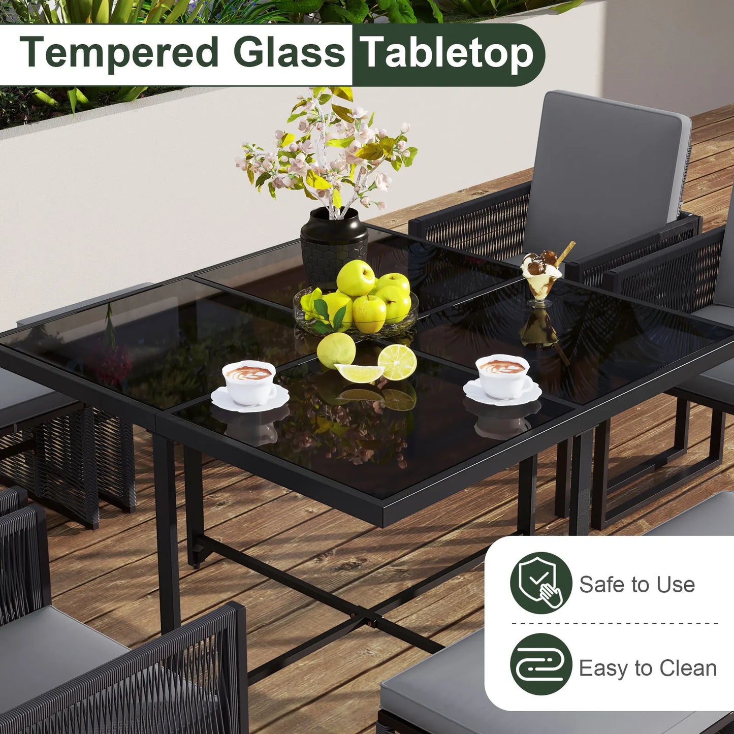LIFEZEAL 9 Piece Patio Dining Set With Rattan Chairs And Glass Table