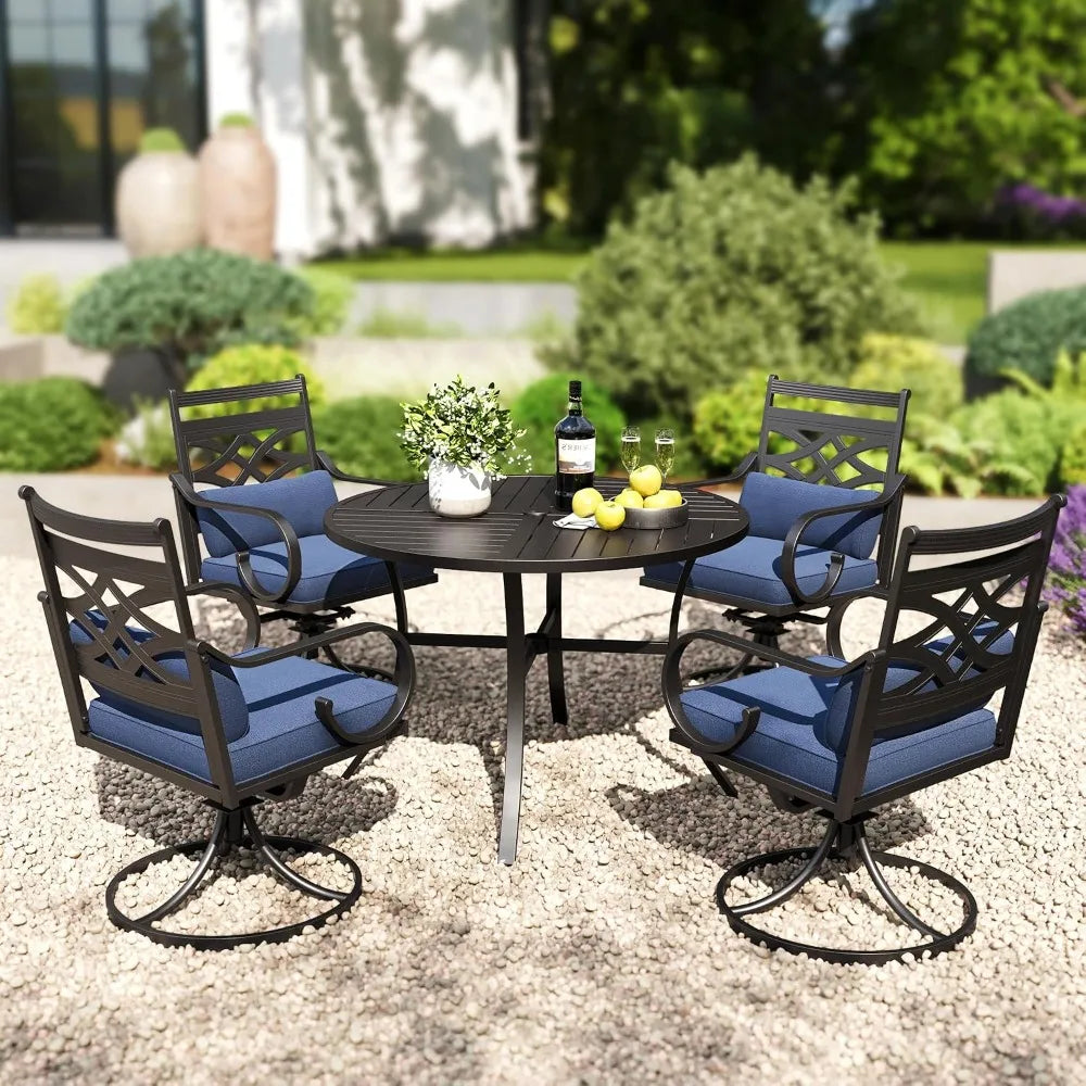 Set Of 2 Outdoor Iron Dining Chairs With Blue Cushions
