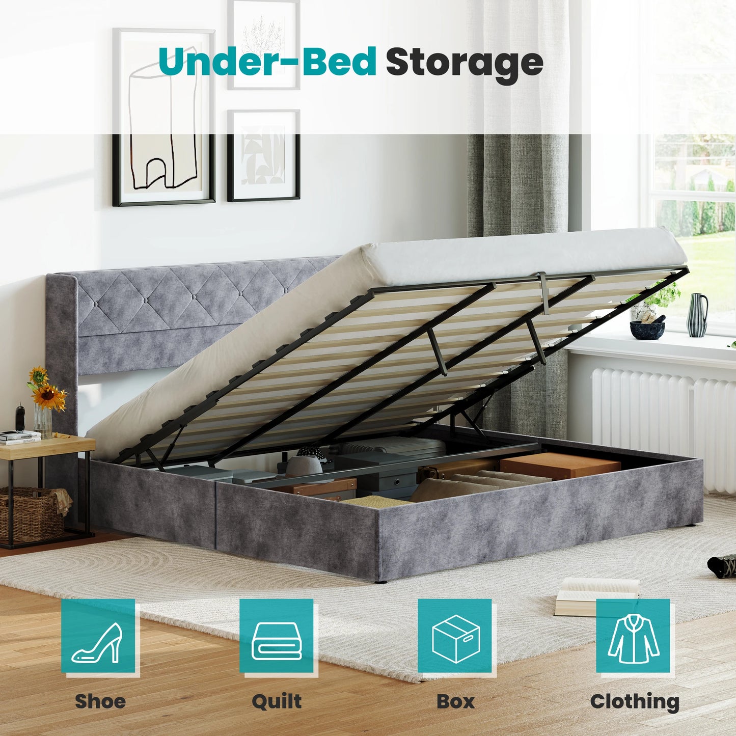 Mcq Hydraulic Lift Up Storage Bed With Wingback Headboard